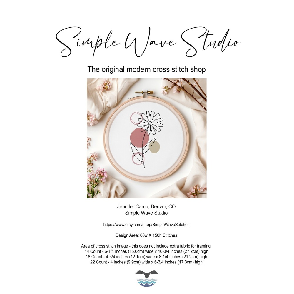 Boho Pink Daisy Flower Silhouette Modern‎ Black Art Counted Cross Stitch Pattern